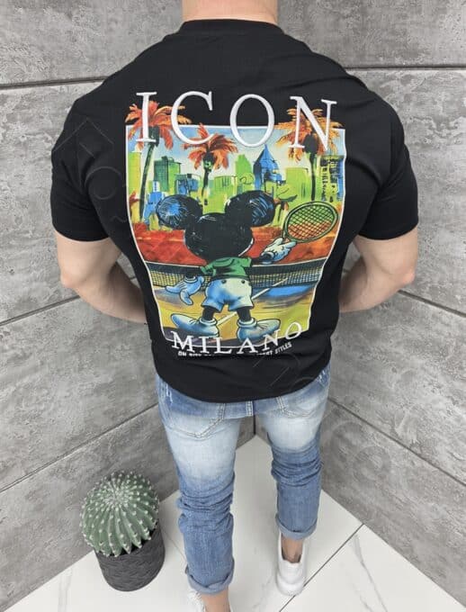 Mъжка тениска с бродерия ICON и щампа на гърба-черно-код 1973