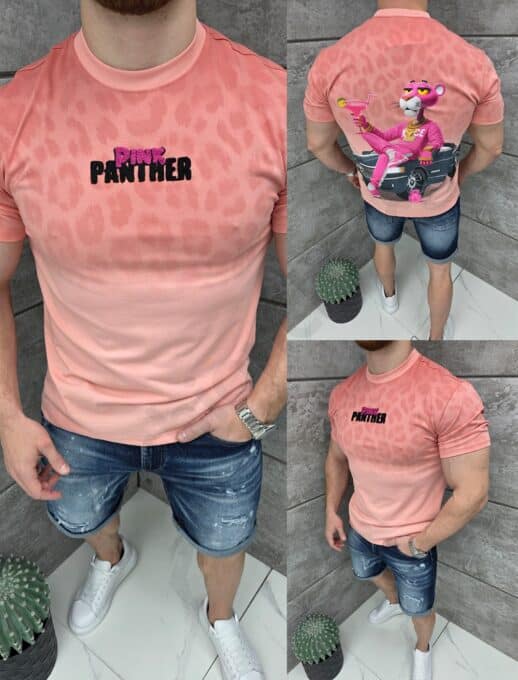 Mъжка тениска Pink Panther с коктейл и кабриолет-розово-код 427-2