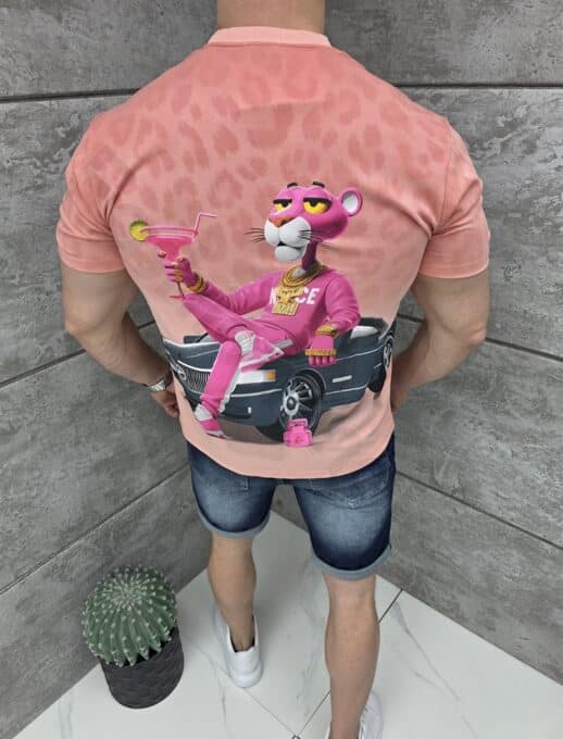 Mъжка тениска Pink Panther с коктейл и кабриолет-розово-код 427-2