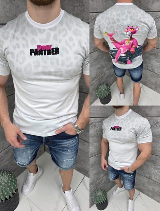 Mъжка тениска Pink Panther с коктейл и кабриолет-сиво-код 427-1