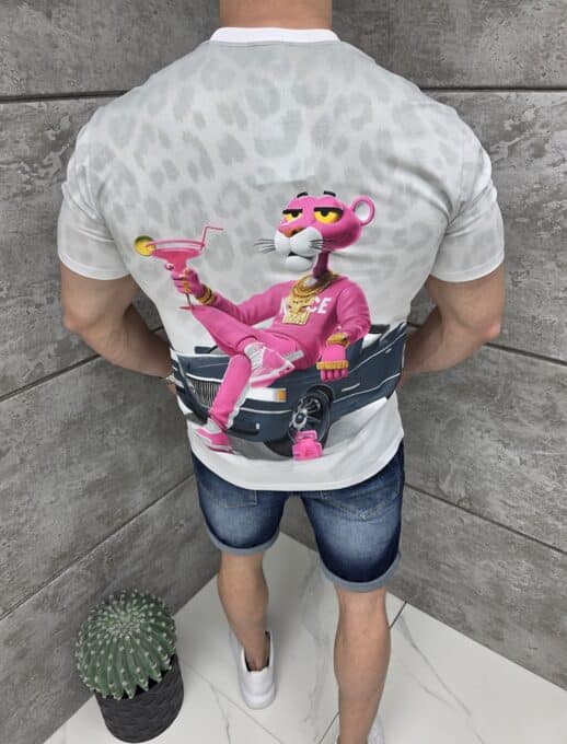 Mъжка тениска Pink Panther с коктейл и кабриолет-сиво-код 427-1