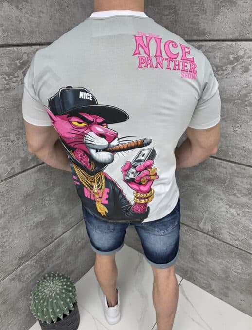 Mъжка тениска с щампа Pink Panther гангстер-сиво-код 428-2