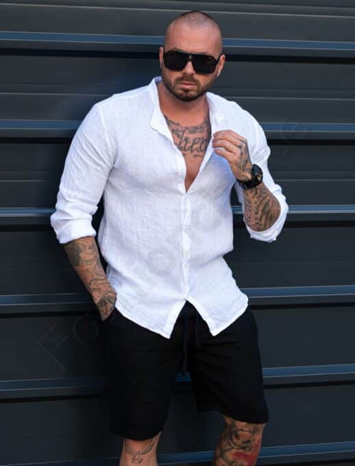 Италианска мъжка риза от 100% лен със столче яка-бяло-код 50165