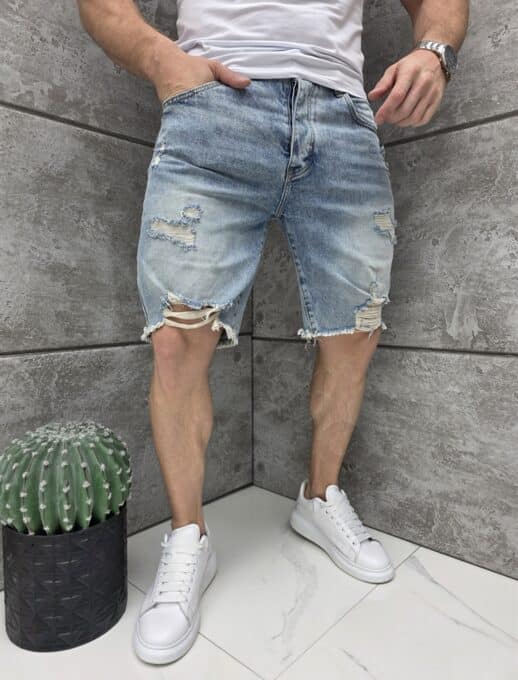 Мъжки къси дънки BOYFRIEND FIT с кръпки и накъсване в светло син деним-код 5559