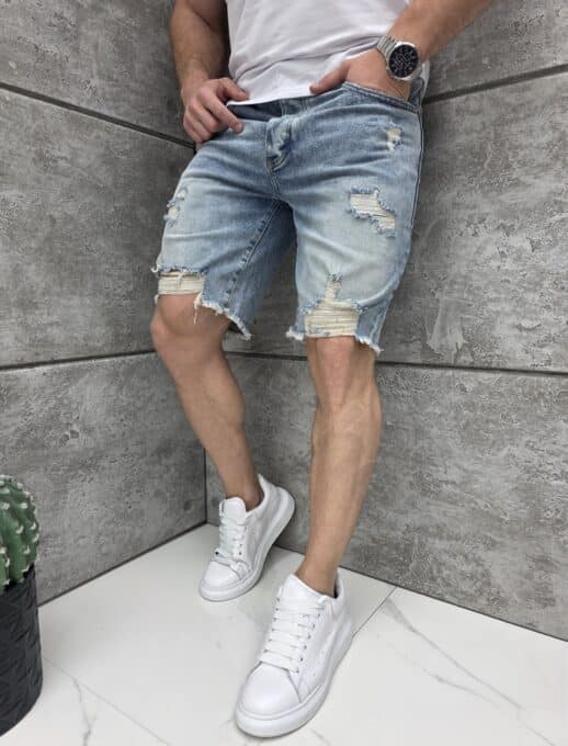 Мъжки къси дънки BOYFRIEND FIT с кръпки и накъсване в светло син деним-код 5559