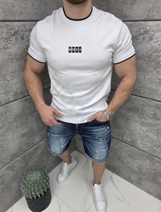Mъжка тениска с еластан и гумирана щампа Boss-бяло-код 2299-1