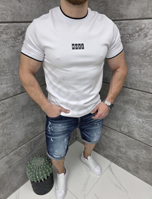 Mъжка тениска с еластан и гумирана щампа Boss-бяло-код 2299-1