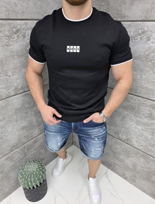 Mъжка тениска с еластан и гумирана щампа Boss-черно-код 2299