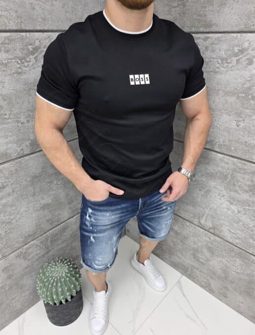 Mъжка тениска с еластан и гумирана щампа Boss-черно-код 2299