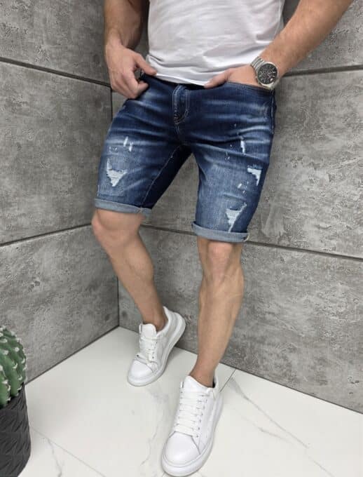 Мъжки къси дънки с еластан в син деним с накъсан ефект/33-40/-код 7712