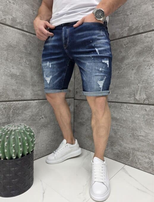 Мъжки къси дънки с еластан в син деним с накъсан ефект/33-40/-код 7712