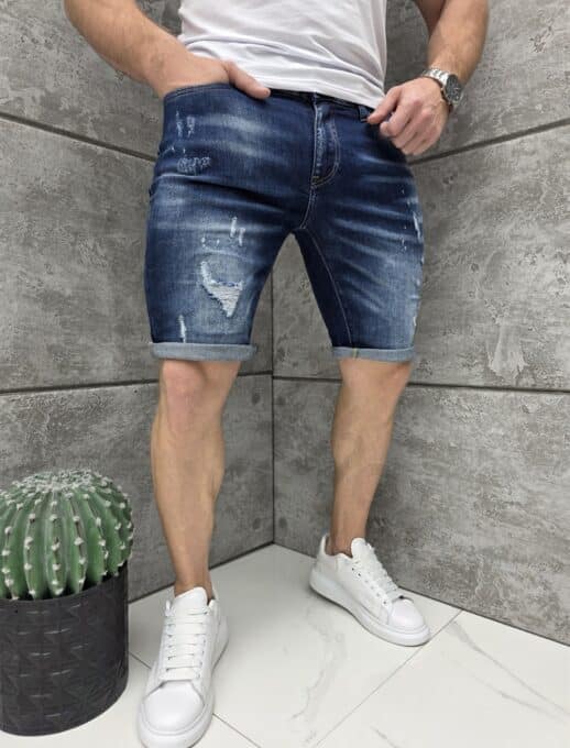 Мъжки къси дънки с еластан в син деним с накъсан ефект/33-40/-код 7712