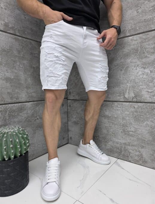 Мъжки къси дънки Slim Fit с накъсване и кръпки в бял цвят-код 7627