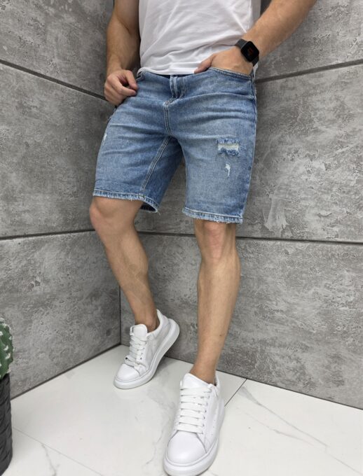 Мъжки къси дънки BOYFRIEND FIT в син деним с леко накъсване-код 5161