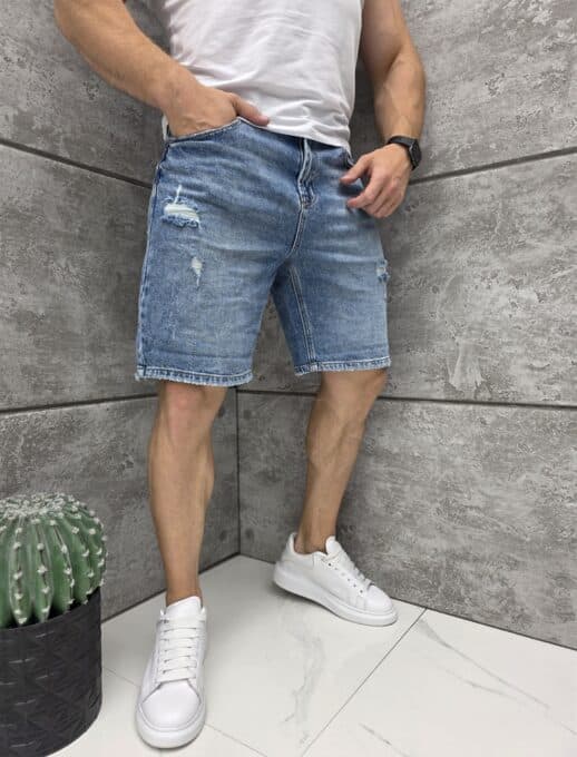 Мъжки къси дънки BOYFRIEND FIT в син деним с леко накъсване-код 5161
