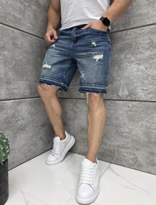 Мъжки къси дънки BOYFRIEND FIT в син деним с накъсване-код 5138