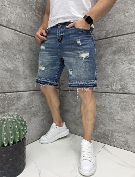 Мъжки къси дънки BOYFRIEND FIT в син деним с накъсване-код 5138