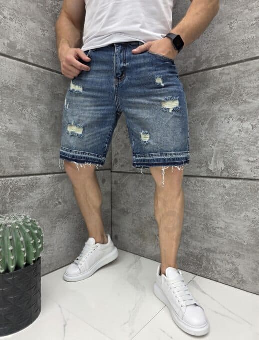 Мъжки къси дънки BOYFRIEND FIT в син деним с накъсване-код 5138