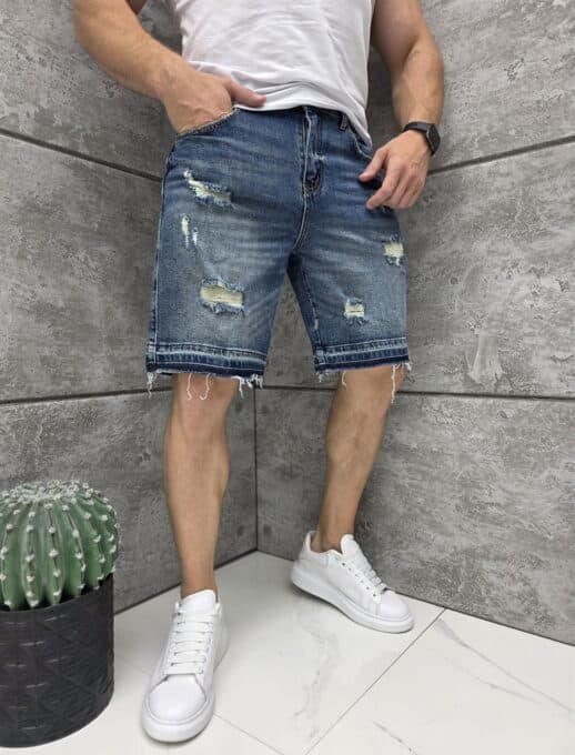Мъжки къси дънки BOYFRIEND FIT в син деним с накъсване-код 5138