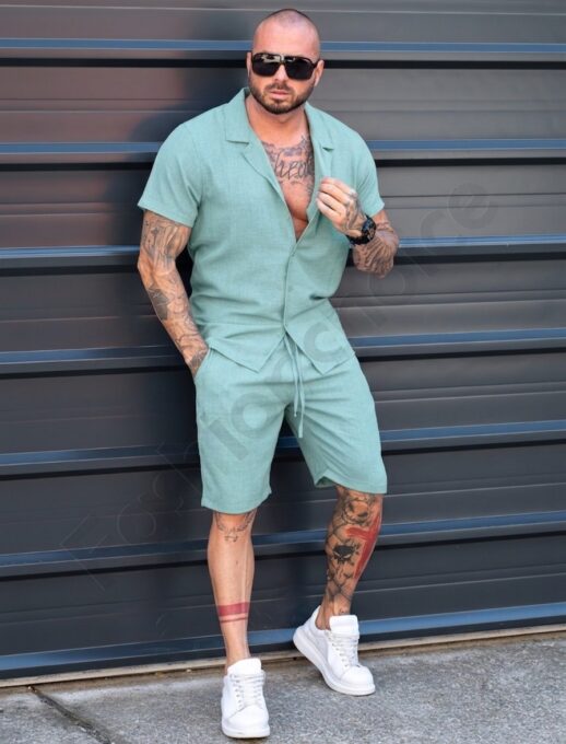 Мъжки Summer casual комплект с риза и къси панталони-мента-код 2228-5