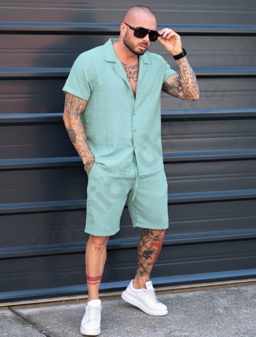 Мъжки Summer casual комплект с риза и къси панталони-мента-код 2228-5