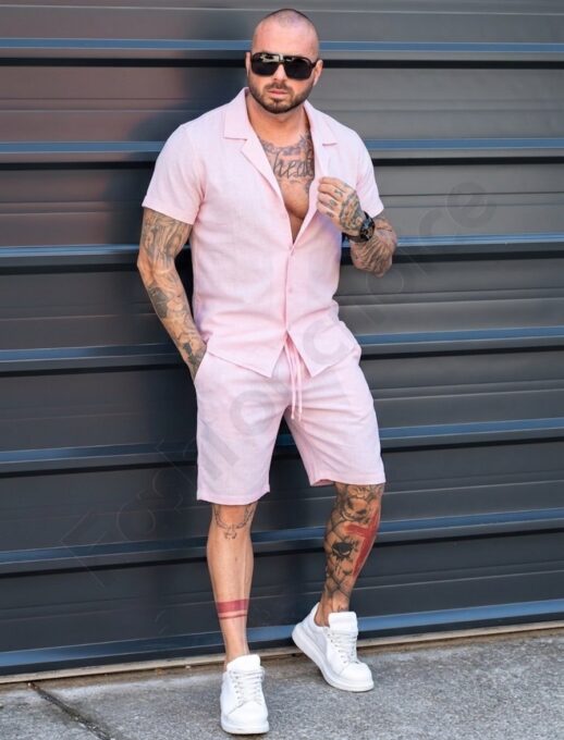 Мъжки Summer casual комплект с риза и къси панталони-бледо розово-код 2228-6
