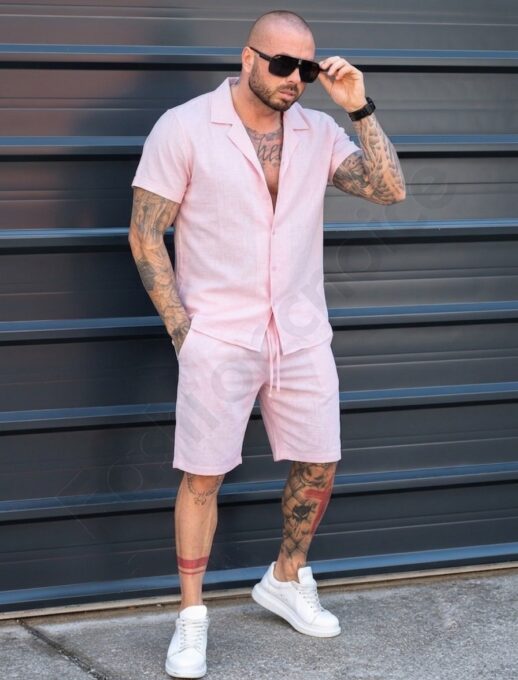 Мъжки Summer casual комплект с риза и къси панталони-бледо розово-код 2228-6