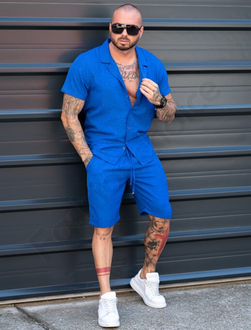 Мъжки Summer casual комплект с риза и къси панталони-кралско синьо-код 2228-2
