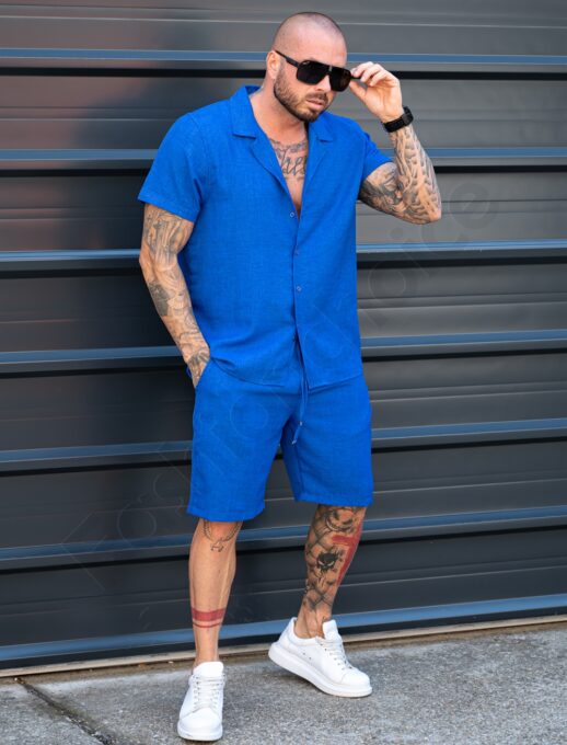 Мъжки Summer casual комплект с риза и къси панталони-кралско синьо-код 2228-2