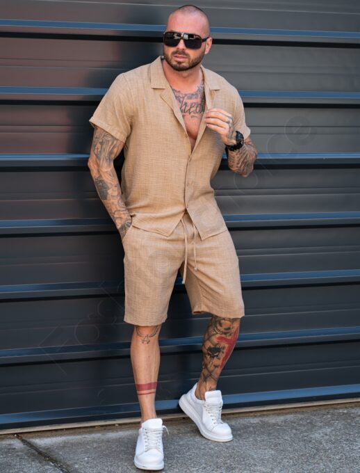 Мъжки Summer casual комплект с риза и къси панталони-мока-код 2228-4