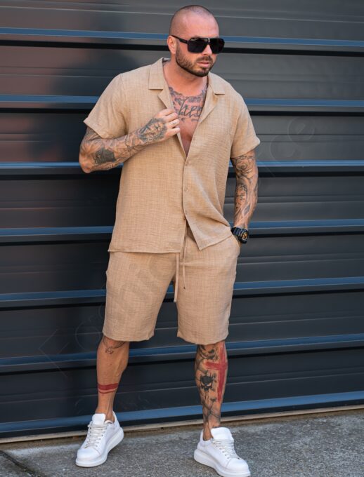 Мъжки Summer casual комплект с риза и къси панталони-мока-код 2228-4