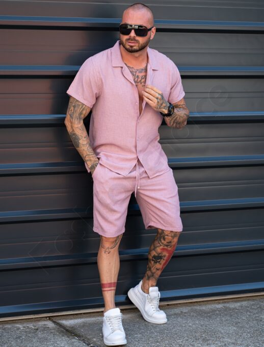 Мъжки Summer casual комплект с риза и къси панталони-старо розово-код 2228-1