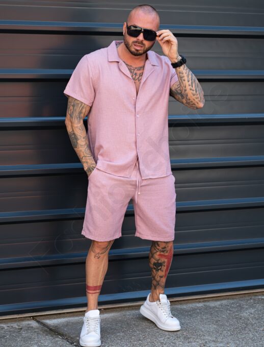 Мъжки Summer casual комплект с риза и къси панталони-старо розово-код 2228-1