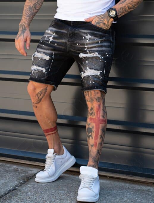 Мъжки къси Slim Fit дънки с еластан и сиви кръпки-черно-код 309