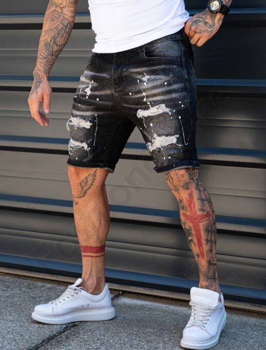 Мъжки къси Slim Fit дънки с еластан и сиви кръпки-черно-код 309
