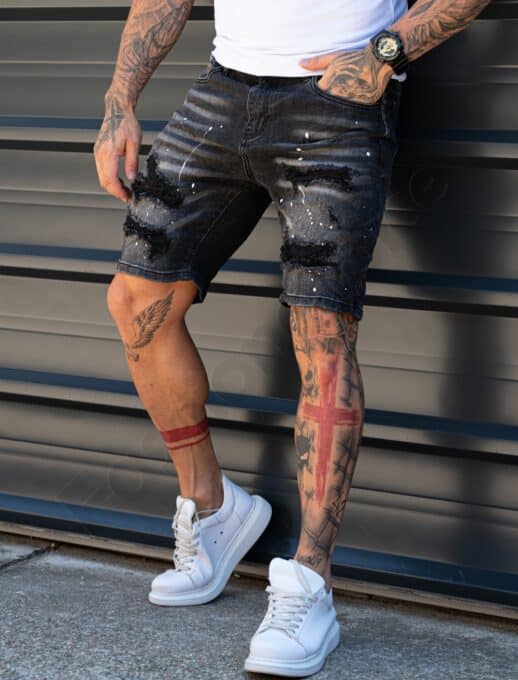 Мъжки къси Slim Fit дънки с кръпки и бели пръски-черно-код 307