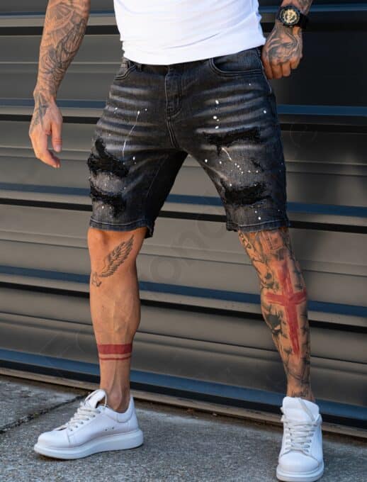 Мъжки къси Slim Fit дънки с кръпки и бели пръски-черно-код 307
