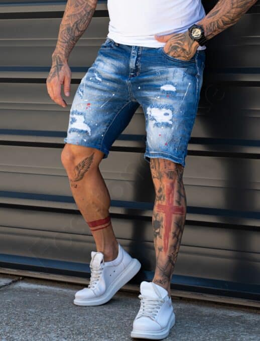 Мъжки къси Slim Fit дънки с цветни пръски и накъсване-синьо-код 302