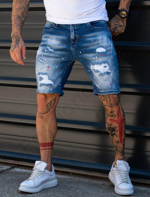 Мъжки къси Slim Fit дънки с цветни пръски и накъсване-синьо-код 302