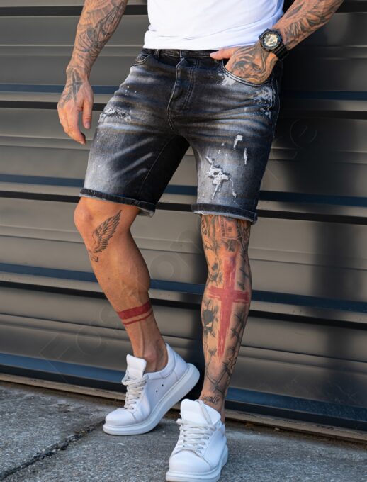 Мъжки къси Slim Fit дънки с еластан и изтъркан ефект-черно-код 8423