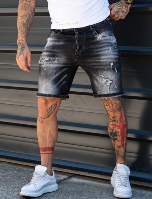 Мъжки къси Slim Fit дънки с еластан и изтъркан ефект-черно-код 8423