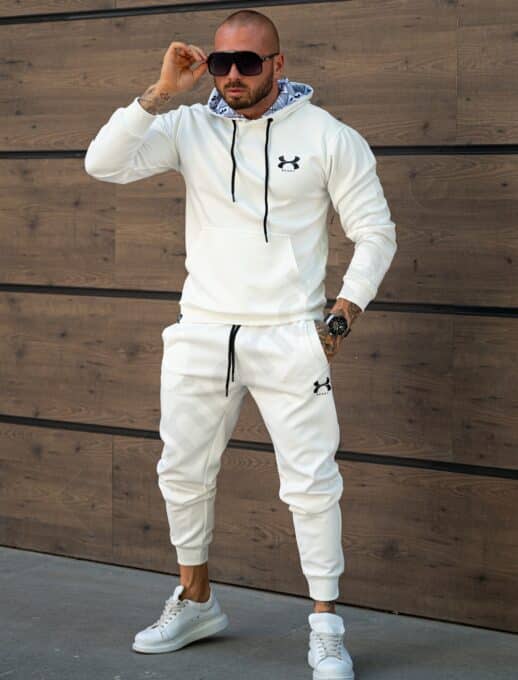 Мъжки плътен комплект с худи и малка щампа-бяло-код 5886-1