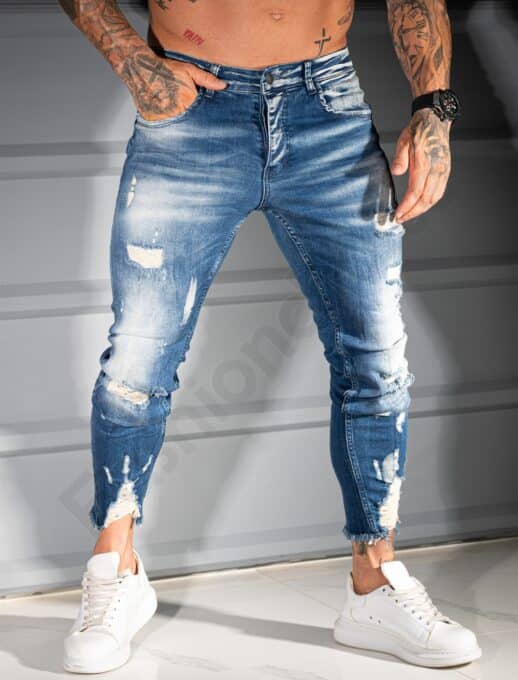 Мъжки сини Skinny дънки с накъсан и изтъркан ефект-код 4920