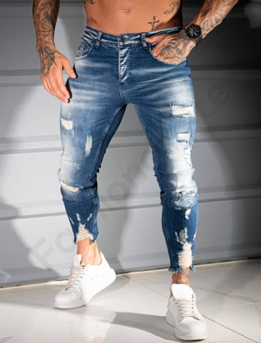 Мъжки сини Skinny дънки с накъсан и изтъркан ефект-код 4920