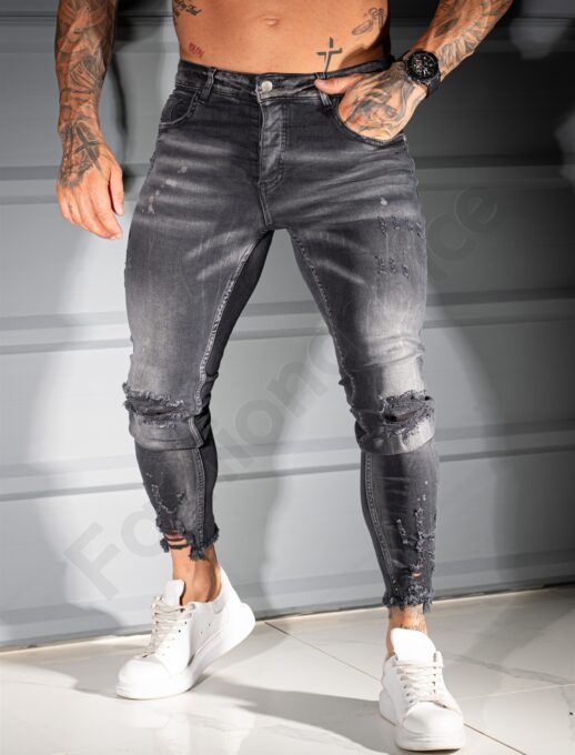 Мъжки сиви Skinny Fit дънки с накъсан и изтъркан ефект-код 4619-8