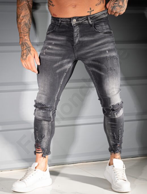 Мъжки сиви Skinny Fit дънки с накъсан и изтъркан ефект-код 4619-8