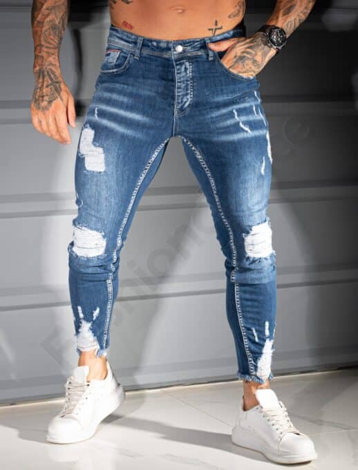 Мъжки сини Skinny Fit дънки с накъсан и надран ефект-код 4514-5