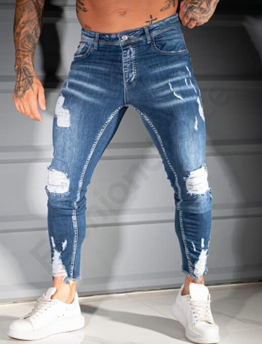 Мъжки сини Skinny Fit дънки с накъсан и надран ефект-код 4514-5