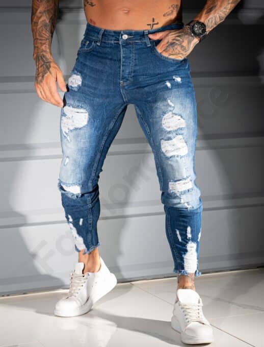 Мъжки сини Skinny Fit дънки с кръпки и изтъркан ефект-код 4932-11