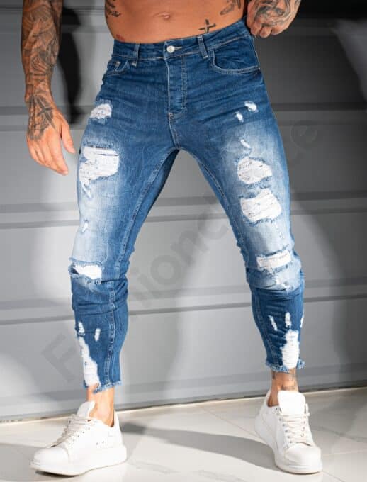 Мъжки сини Skinny Fit дънки с кръпки и изтъркан ефект-код 4932-11